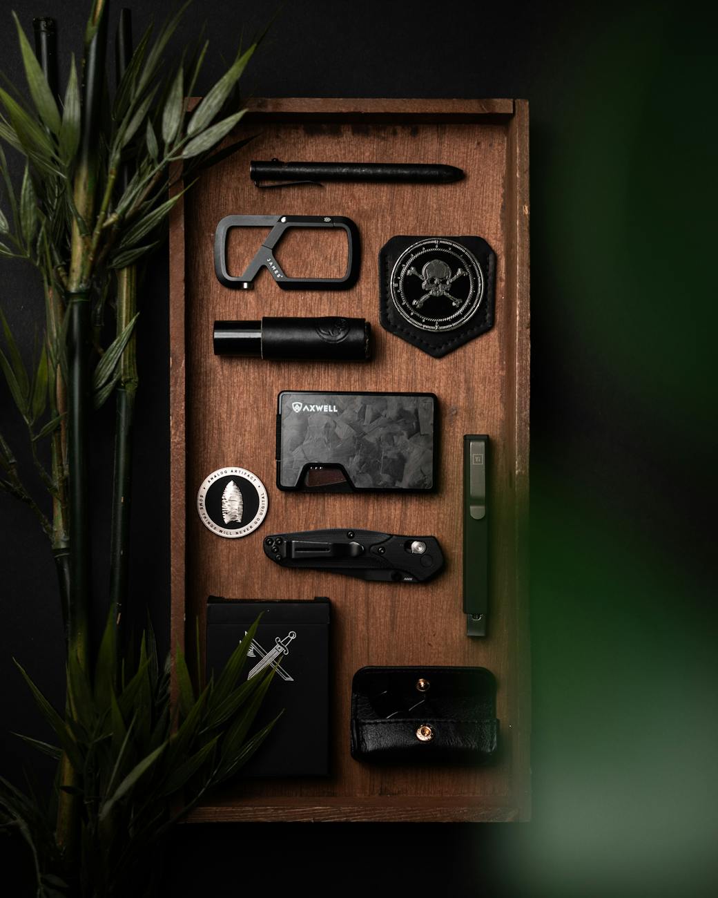 equipment on wooden tray