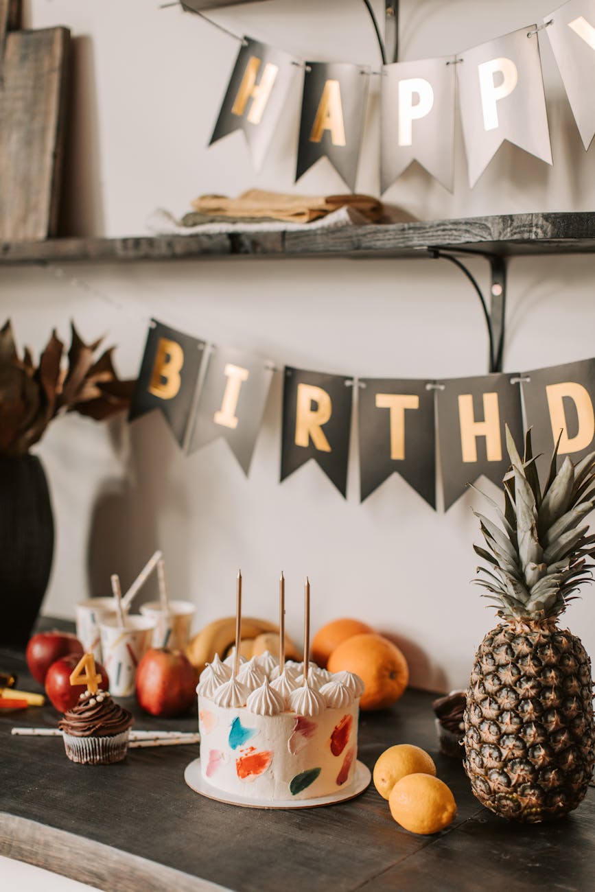 fresh fruits and a birthday cake